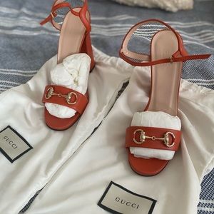 Gucci Orange Leather Horsebit Ankle Strap Sandals